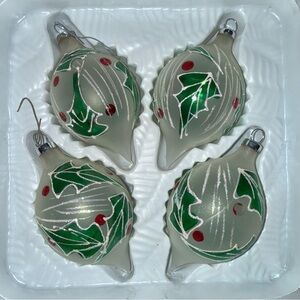 Vintage Set of 4 frosted Blown Glass Ornaments with Holly Design